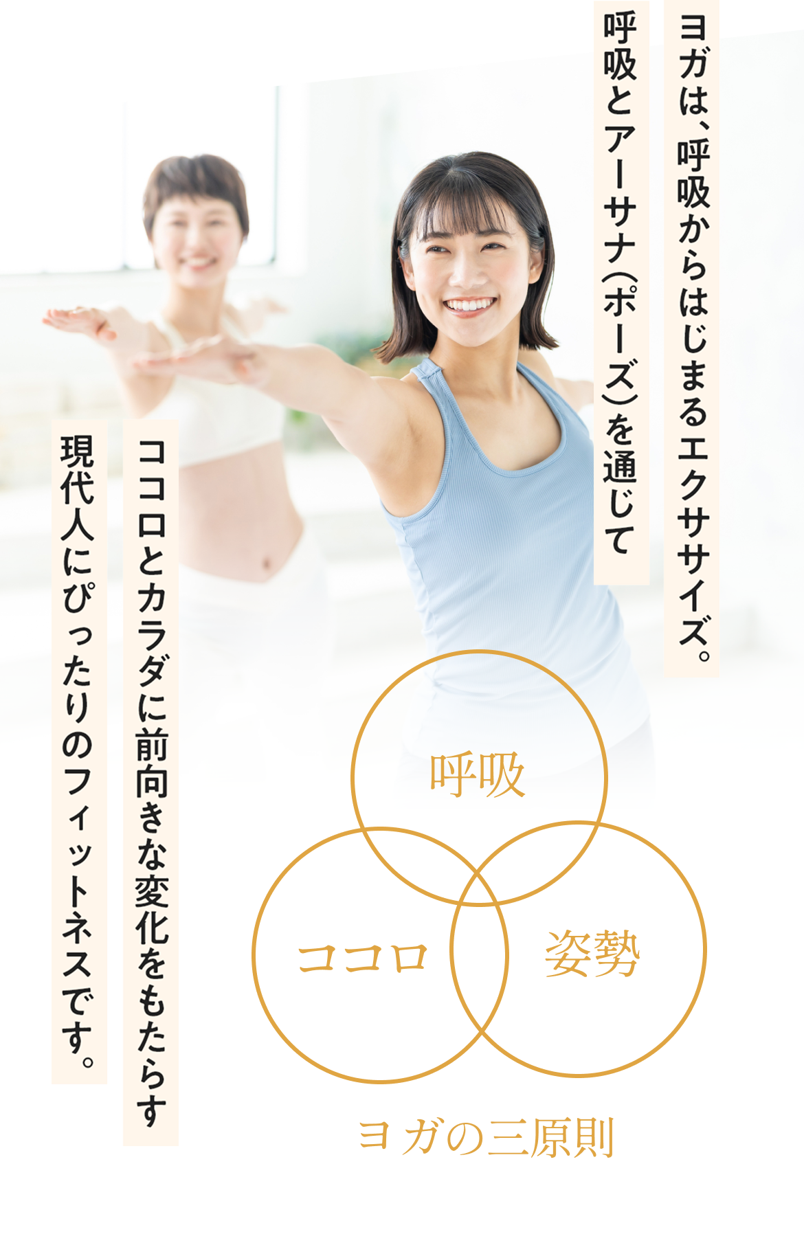 ヨガは、呼吸からはじまるエクササイズ。呼吸とアーサナ（ポーズ）を通じてココロとカラダに前向きな変化をもたらす。現代人にぴったりのフィットネスです。
