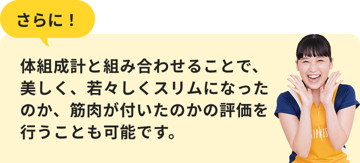 さらに！体組成計と組み合わせることで、美しく、若々しくスリムになったのか、筋肉が付いたのかの評価を行うことも可能です。