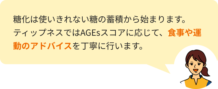 糖化は使いきれない糖の蓄積から始まります。ティップネスではAGEsスコアに応じて、食事や運動のアドバイスを丁寧に行います。