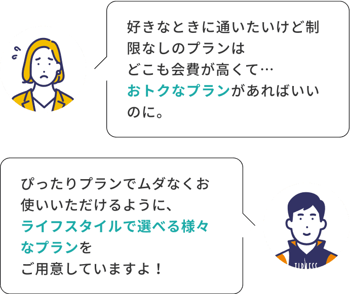 好きなときに通いたいけど制限なしのプランはどこも会費が高くて…おトクなプランがあればいいのに。 ぴったりプランでムダなくお使いいただけるように、ライフスタイルで選べる様々なプランをご用意していますよ！