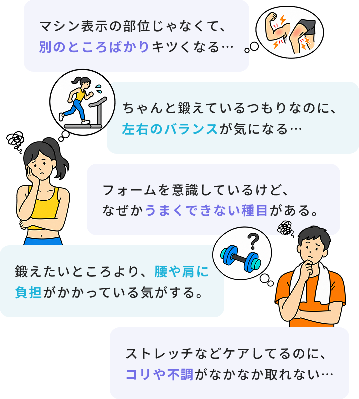 マシン表示の部位じゃなくて、別のところばかりキツくなる…／ちゃんと鍛えているつもりなのに、左右のバランスが気になる…／フォームを意識しているけど、なぜかうまくできない種目がある。／鍛えたいところより、腰や肩に負担がかかっている気がする。／ストレッチなどケアしてるのに、コリや不調がなかなか取れない…