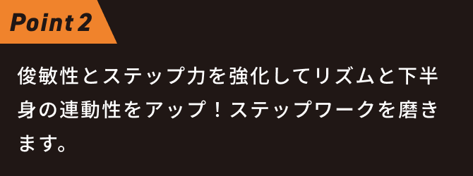 俊敏性とステップ力を強化してリズムと下半身の連動性をアップ!ステップワークを磨きます。