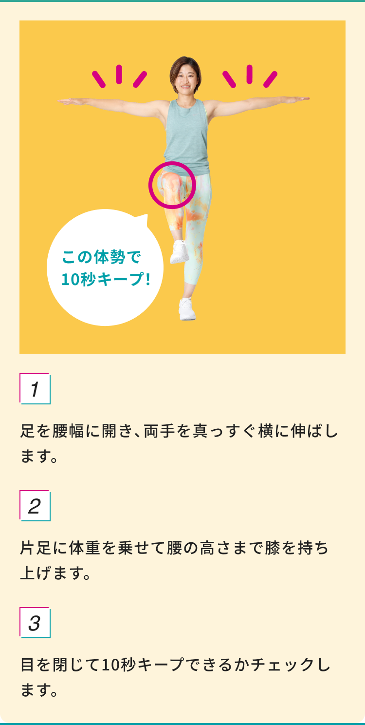 この体制で10秒キープ! 1.足を腰幅に開き、両手を真っすぐ横に伸ばします。 2.片足に体重を乗せて腰の高さまで膝を持ち上げます。 3.目を閉じて10秒キープできるかチェックします。